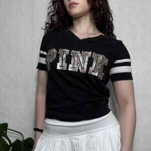 Y2K Victoria's Secret PINK Black & Silver Sequin Vneck T-shirt Womens Small